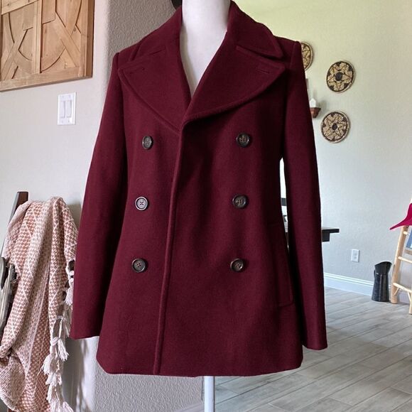 Old Navy Burgundy Wool Blend Pea Coat Pockets Collar S - Picture 8 of 10